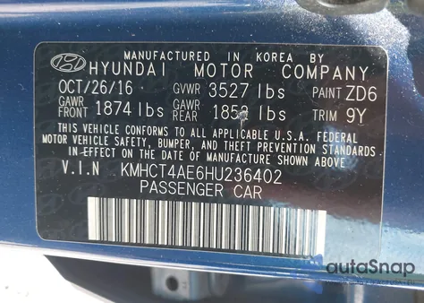 2017 Hyundai Accent Se from USA, damaged, VIN KMHCT4AE6HU236402
